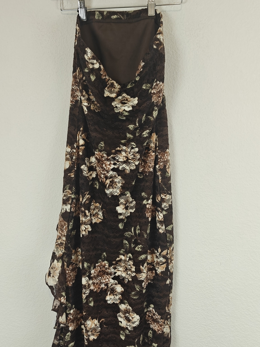 J for Justify Floral Lace Strapless Midi Dress Brown Romantic Ruffle Side Slit M - Picture 13 of 16